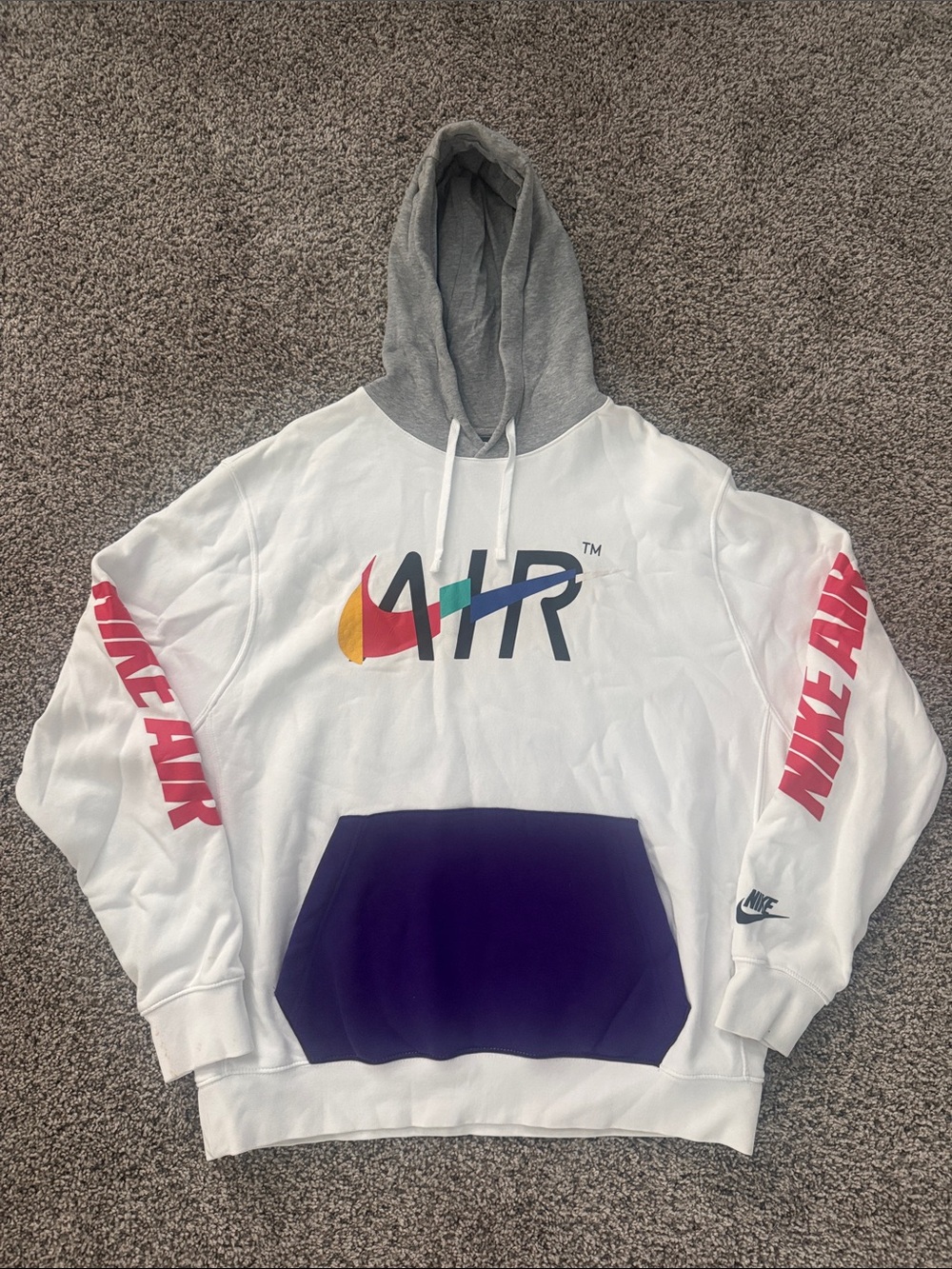 Nike White Hoodie with Multicolor AIR Logo and Purple Pocket